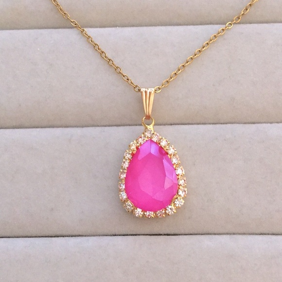 Jewelry - Hot Pink + Gold Crystal Halo Pear Drop Pendant Necklace